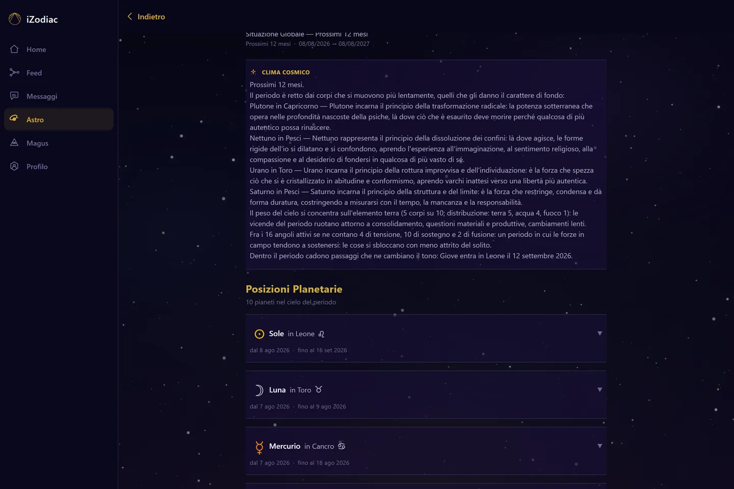 Situazione globale: il clima astrologico del periodo con posizioni e transiti mondani